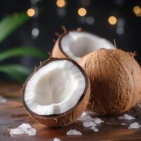 A close-up photograph of two coconuts, one halved and the other whole, with a blurred background. photo