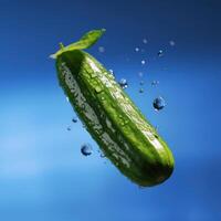 A close-up photograph of a cucumber with water droplets on it. photo