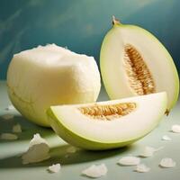 A close-up photograph of a melon, with one half cut open and seeds visible. photo