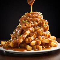 A plate of poutine, a Canadian dish consisting of French fries topped with cheese curds and gravy. photo