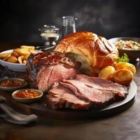 A large roast beef with a browned crust, sliced and served on a platter with various accompaniments such as potatoes, gravy, and vegetables. photo