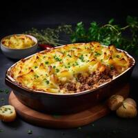 A shepherd's pie is a classic British dish made with ground meat and vegetables topped with mashed potatoes. photo