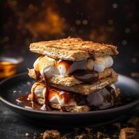 A delicious s'more with a toasted marshmallow and chocolate sandwiched between two graham crackers. photo