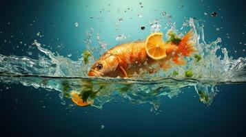 A vibrant orange fish is depicted jumping out of water with a splash, its body adorned with two lemon slices and green herbs on both sides. photo