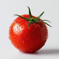 A close-up shot of a fresh tomato with water droplets on its surface. photo