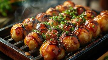 Takoyaki balls are Japanese octopus dumplings that have been cooked to perfection and glazed with a sweet soy sauce and topped with white sesame seeds. photo