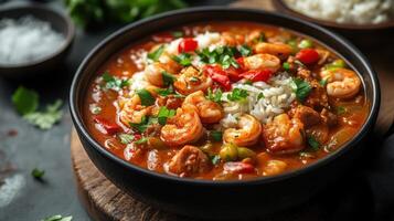 A hearty and flavorful dish made with succulent shrimp, a rich roux-based sauce, and a blend of aromatic spices, perfect for a comforting meal. photo