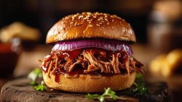 A pulled pork sandwich with barbecue sauce and red onion on a bun. photo