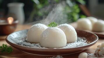 Mozzarella balls are presented on a plate, garnished with powdered sugar and parsley, creating a visually appealing dessert that combines traditional Italian flavors with modern presentation. photo