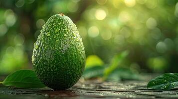 A green avocado with water droplets on it. photo