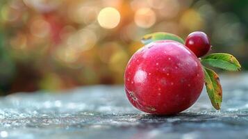 A fresh apple with a few drops of water condensed from the misty background, photo