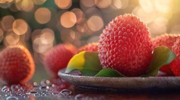 A photograph of ripe, juicy red raspberries arranged in a ceramic bowl on a table. photo