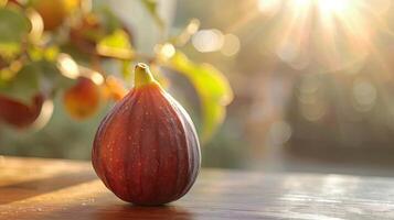 Pomegranate with sunlight shining on it, sitting next to oranges in a natural setting. photo