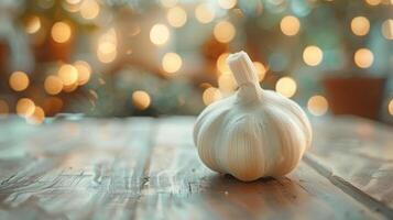 Closeup of whole garlic bulb resting on wooden surface with holiday lights glowing in background. photo