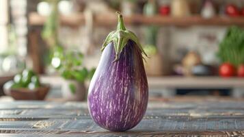 A large, purple-skinned sweet potato with a green leaf, photo