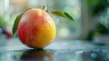 A fresh, glossy peach with glittery gold and silver speckles resting on a dark surface. photo