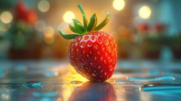 A vibrant strawberry floating on top of a rain-soaked surface with droplets and other berries undern photo