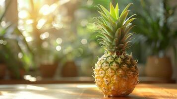 A pineapple with a green top and yellow body is sitting on a wooden table or countertop in front of a blurred background. photo