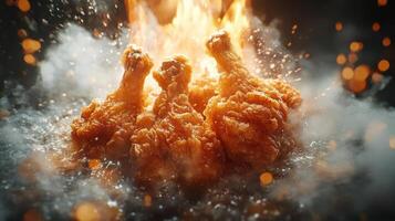 A close-up photograph of several chicken wings being fried and crisped with a flame above them. photo