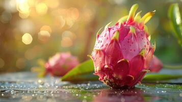 A close-up photograph of a vibrant pink dragon fruit with water droplets glistening on its skin. photo