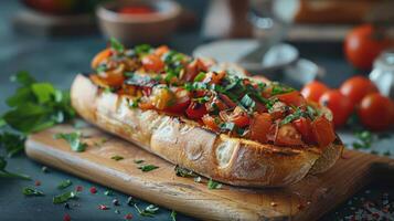 A long, crusty bread roll topped with roasted vegetables and herbs, sitting on a wooden cutting board. photo
