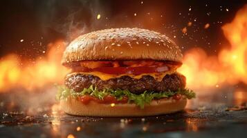 A burger with a sesame seed bun, lettuce, tomato, and cheese on top. photo