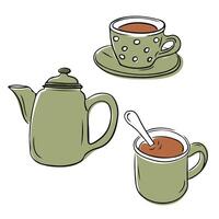 Illustration of a green tea set with a teapot, polka dotted teacup on a saucer, and a mug with a spoon isolated on white background vector