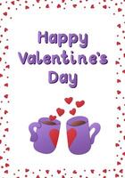 Valentines Day greeting with purple mugs and red hearts isolated on white background surrounded by a heart border vector