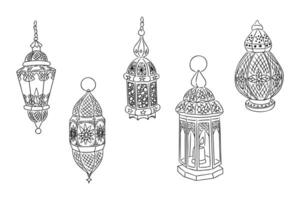Black and white illustration of five ornate Islamic lanterns with intricate patterns. vector