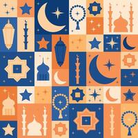 Ramadan modular pattern with crescent moons, stars, mosques, lanterns, minarets, and prayer beads in a geometric design on a blue and orange background vector