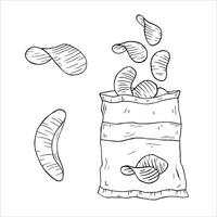 Graphics black outline potato set with chips in a pack, chips. Two versions - with and without filling vector