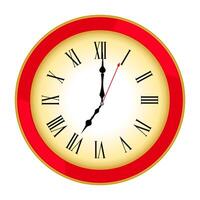 Round red wall clock with roman numerals showing 7am. vector