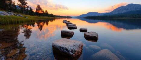 A serene lake with a path of stepping stones leading to it photo