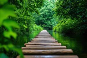 A wooden bridge spans a river, with trees on either side photo