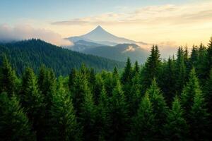 A mountain range with a large peak in the distance photo