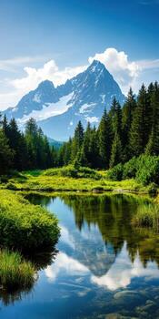 A mountain range is reflected in a river photo