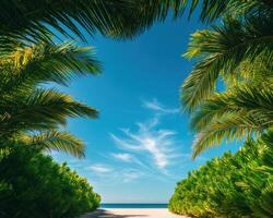 The beautiful beach scene with palm trees and a clear blue sky photo
