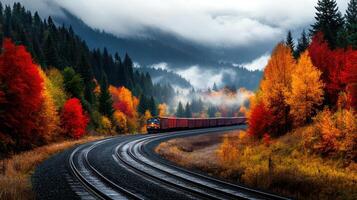 The train is traveling down a track through a forest with autumn foliage photo