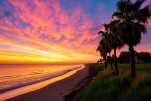 The beautiful sunset over the ocean with palm trees photo
