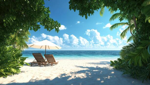 un playa escena con dos salón sillas y un paraguas foto