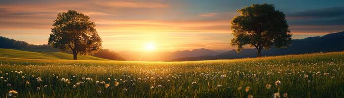 The field of grass with two trees in the foreground and a sunset in the background photo
