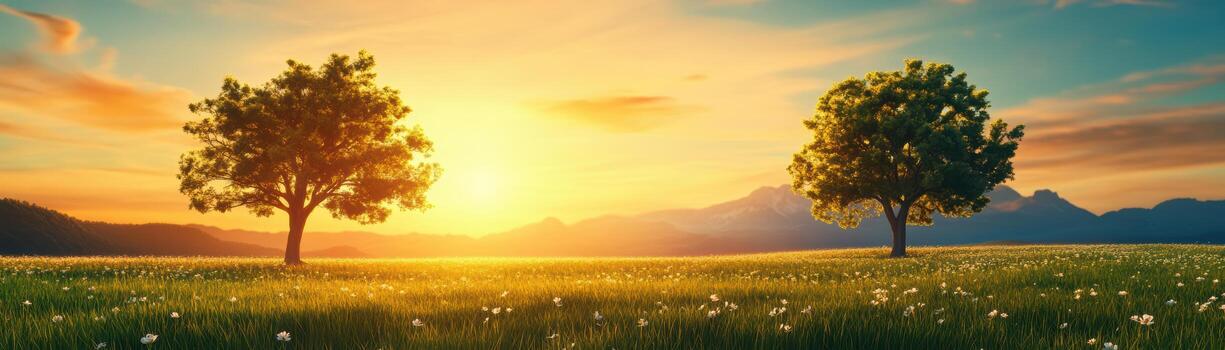 dos arboles son en un campo con un hermosa puesta de sol en el antecedentes foto
