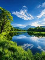 A beautiful mountain range is reflected in the calm waters of a river photo