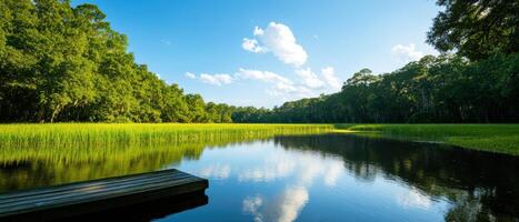 A lake with a dock and a tree in the background photo