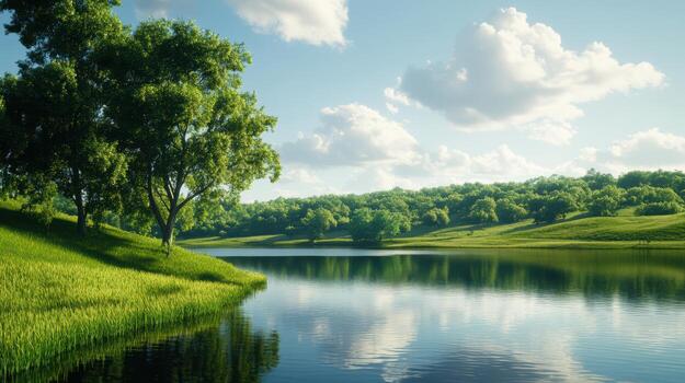 un sereno lago rodeado por lozano verde arboles y un nublado cielo foto