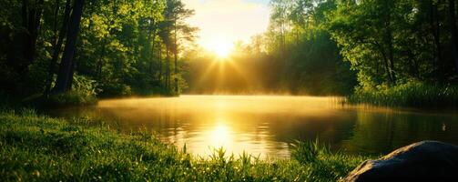 A serene lake with a sun shining on it photo
