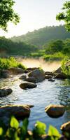 A river with a rocky shoreline and a lush green forest in the background photo