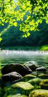 A serene scene of a river with a rock in the water photo