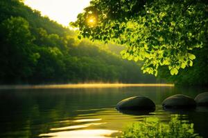 A serene lake with a tree in the foreground photo