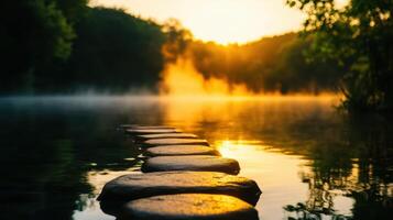 A river with a sun setting in the background photo